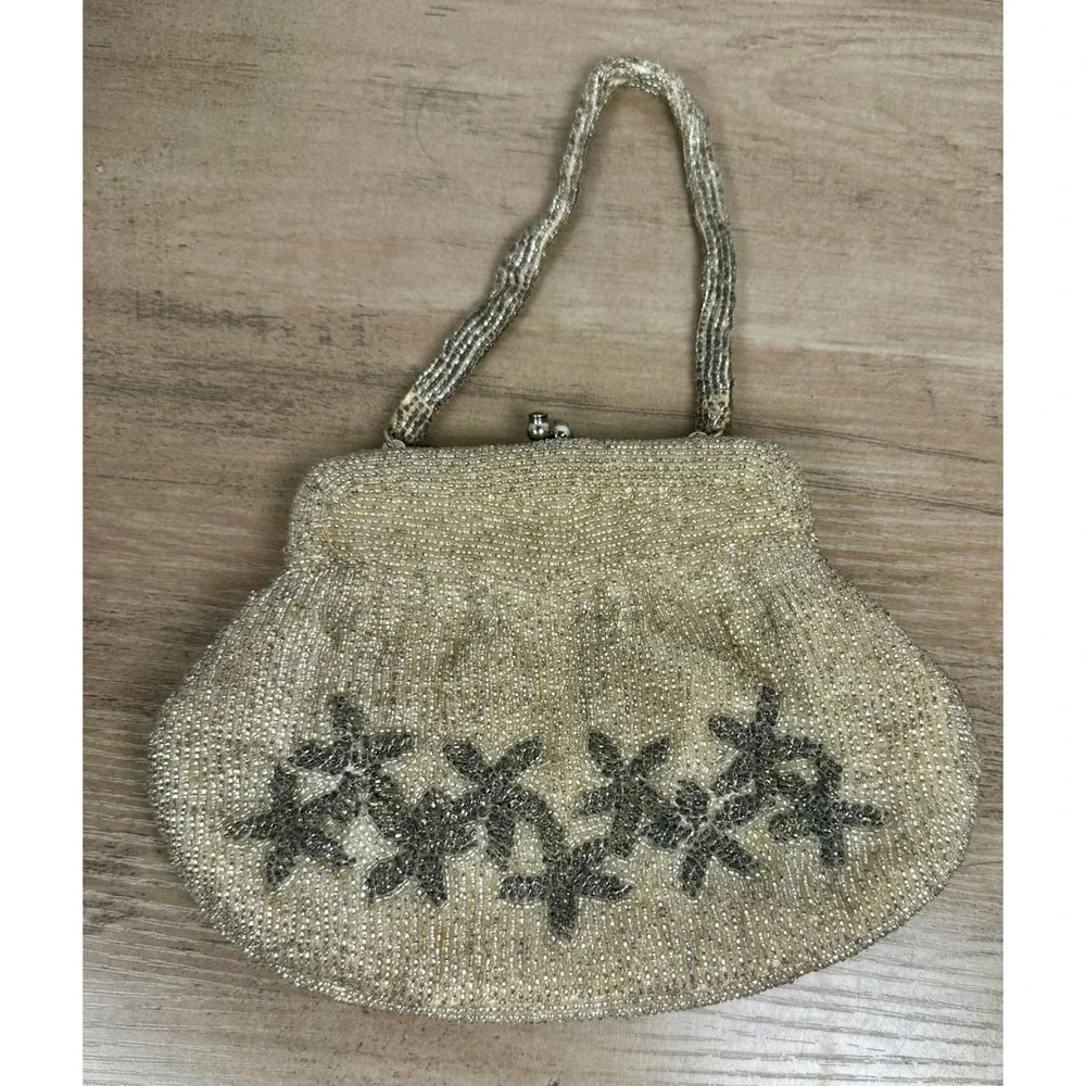 Vivant Sarne‎ Vintage Beaded Evening Wedding Bag Cream Grey Floral Made in Japan
